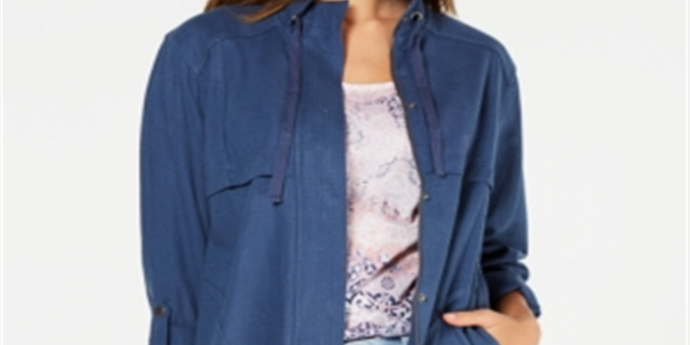 Jaqueta feminina com zíper e mangas bufantes estilo &amp; co, azul, tamanho G