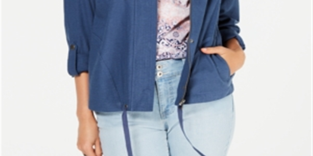 Jaqueta feminina com zíper e mangas bufantes estilo &amp; co, azul, tamanho G