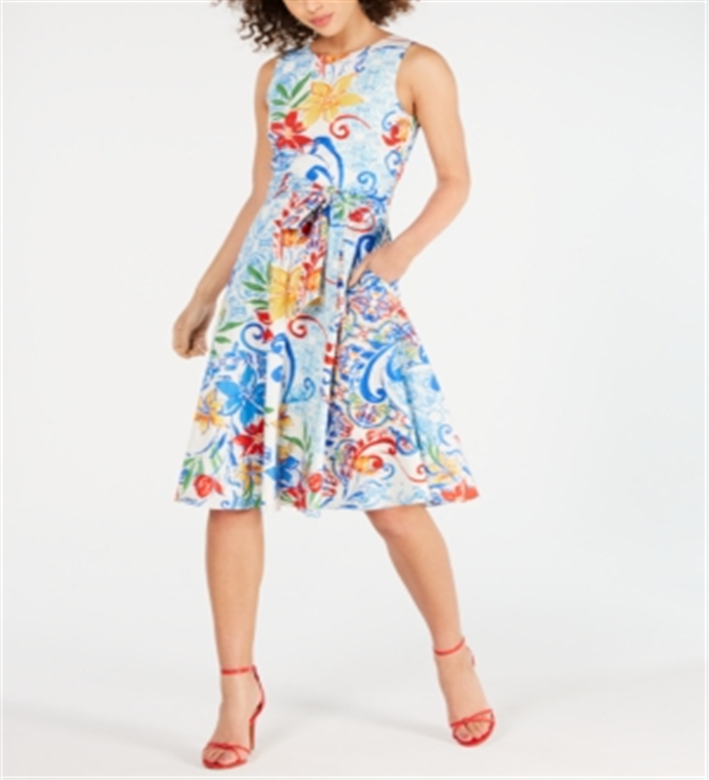 Vestido feminino Donna Ricco estampado em linha A, azul, tamanho 16
