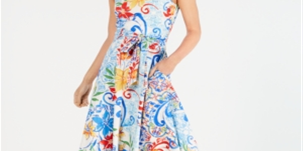 Vestido feminino Donna Ricco estampado em linha A, azul, tamanho 16