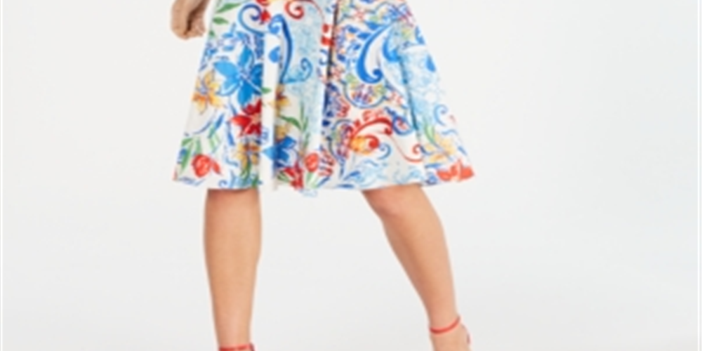 Vestido feminino Donna Ricco estampado em linha A, azul, tamanho 16