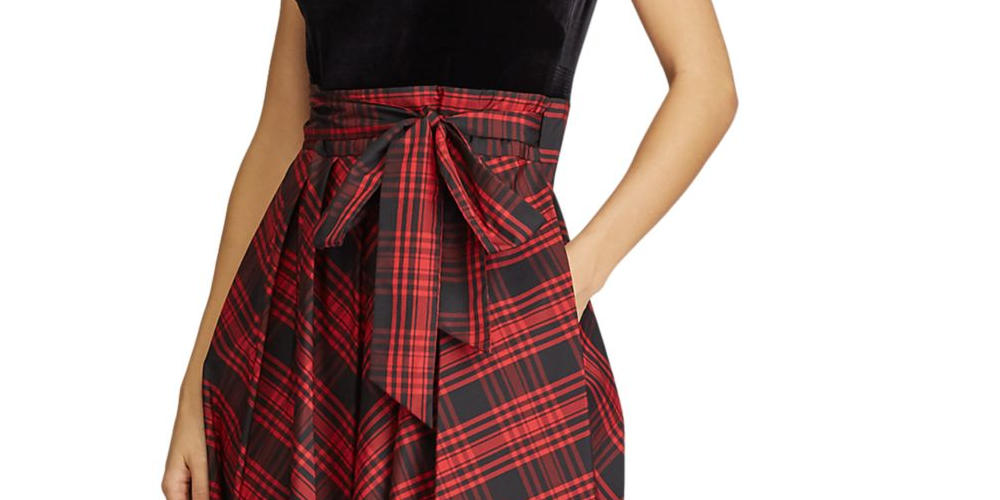 Vestido formal xadrez Ralph Lauren Agni Bedford feminino, preto, tamanho 14