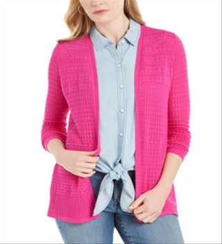 Cardigan feminino com frente aberta em Pointelle, rosa, tamanho médio