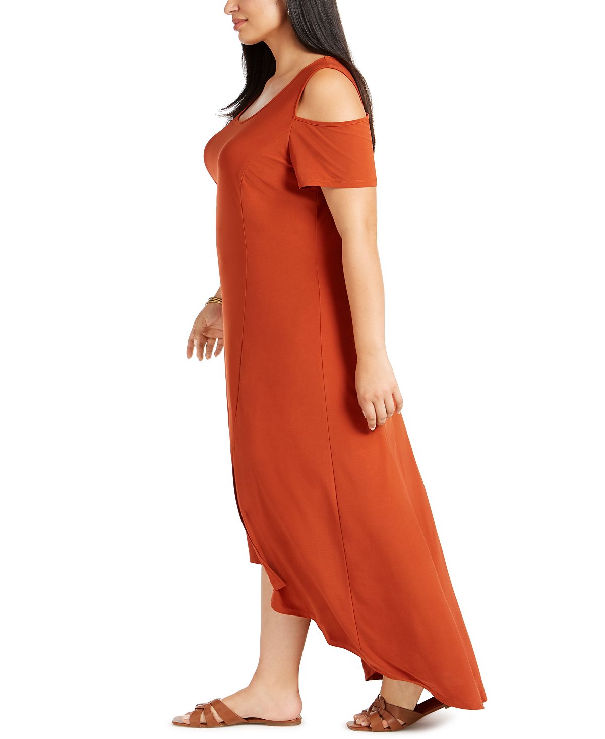 Vestido longo feminino NY Collection com ombros descobertos e decote alto e baixo, marrom, tamanho 3X