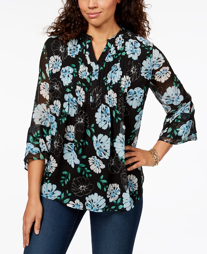 Top feminino estampado com pregas Charter Club, preto, tamanho grande
