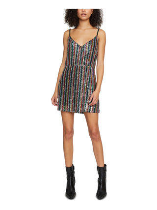 Vestido curto de festa com alças finas e lantejoulas listradas Sanctuary para mulheres, decote em V, preto, tamanho médio
