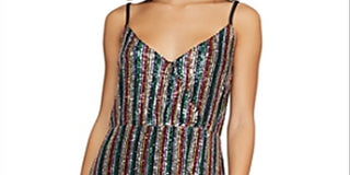 Vestido curto de festa com alças finas e lantejoulas listradas Sanctuary para mulheres, decote em V, preto, tamanho médio