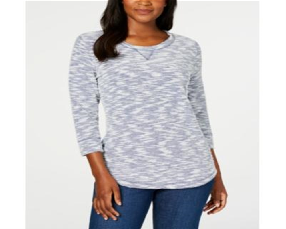 Karen Scott Blusa feminina Space Dye com manga 3/4, azul e branca, tamanho pequeno G