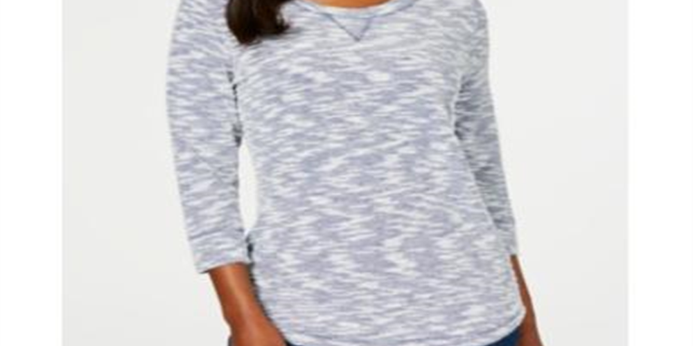 Karen Scott Blusa feminina Space Dye com manga 3/4, azul e branca, tamanho pequeno G