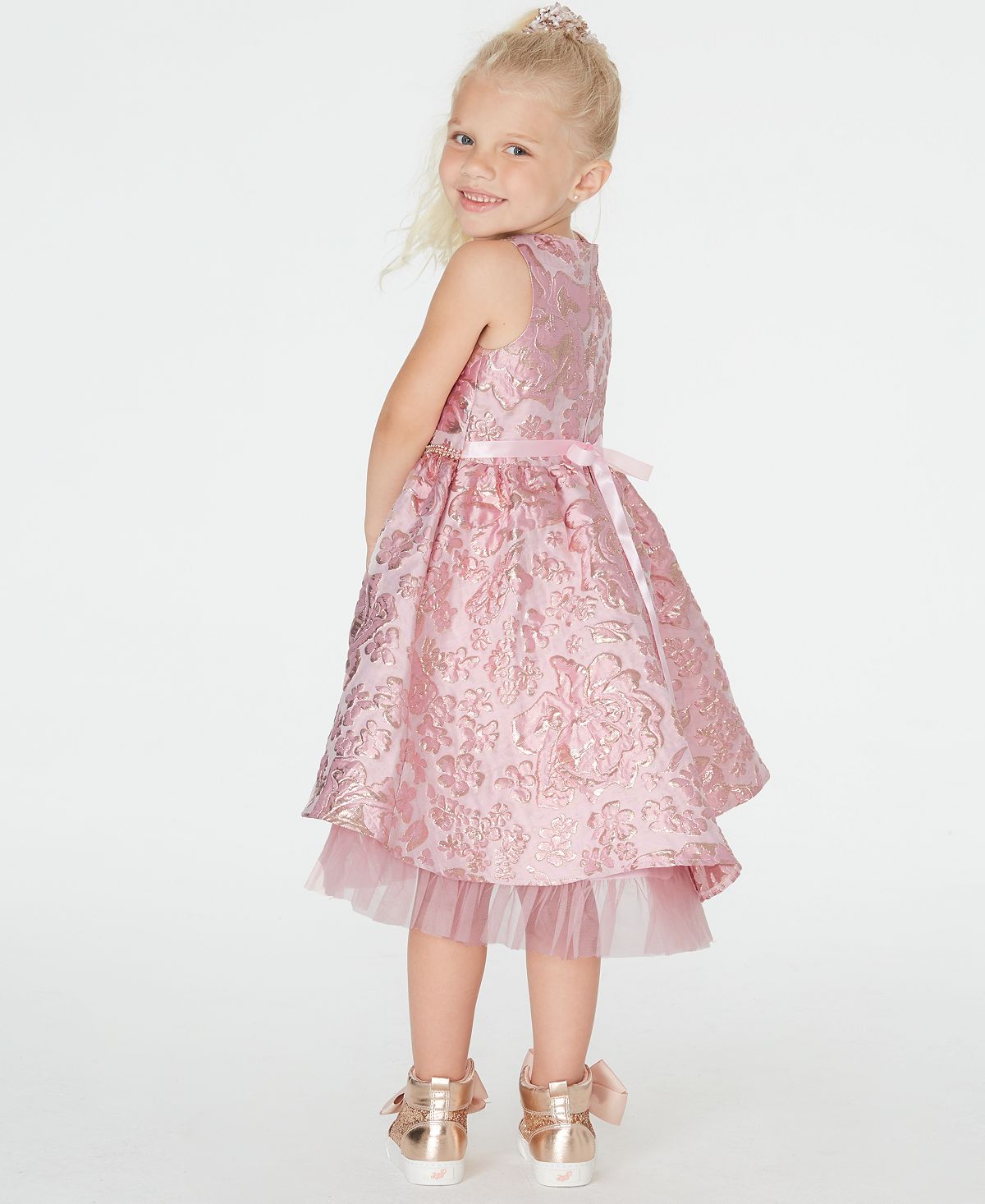 Vestido brocado justo e evasê para meninas, tamanho 5, rosa, da Rare Editions