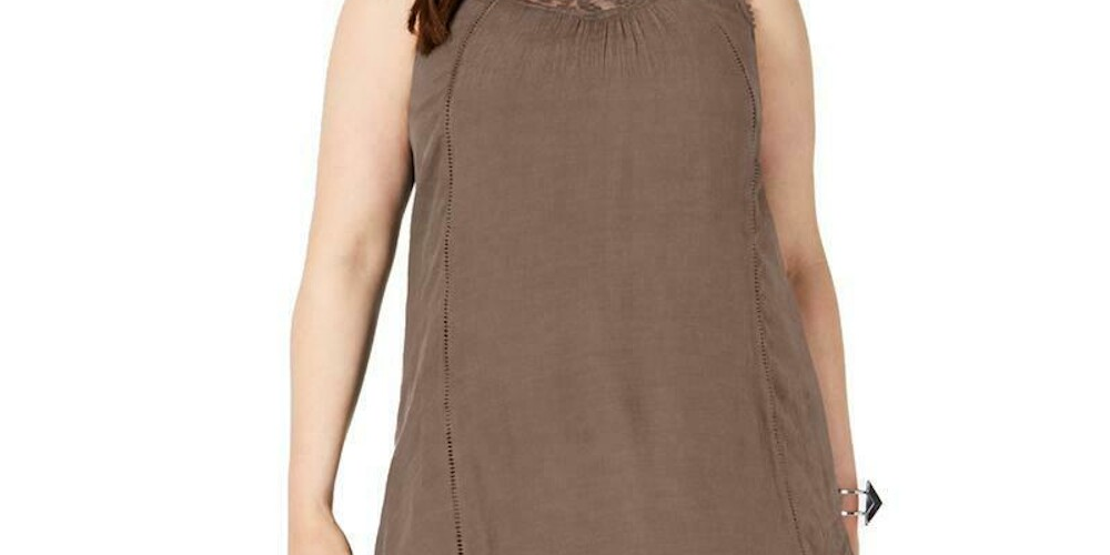 Vestido feminino estilo &amp; co, com bainha de lenço e renda bordada, sem mangas, marrom, tamanho pequeno