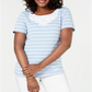 Karen Scott Blusa feminina de crochê com listras de algodão e renda, azul, tamanho grande