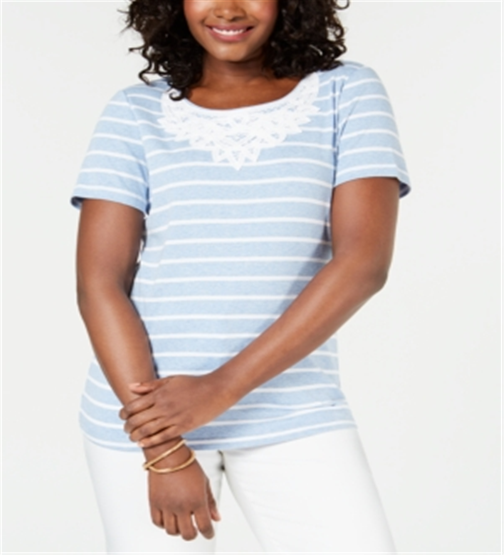 Karen Scott Blusa feminina de crochê com listras de algodão e renda, azul, tamanho grande