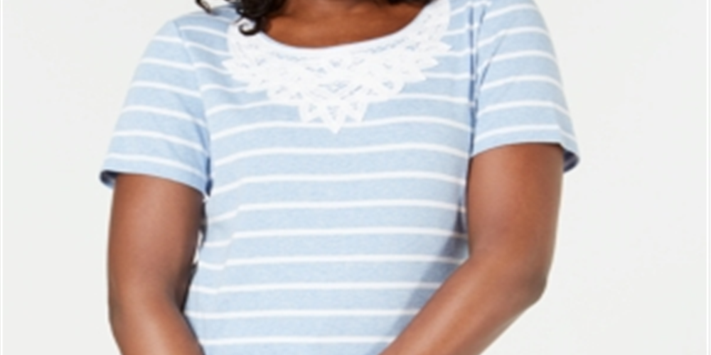 Karen Scott Blusa feminina de crochê com listras de algodão e renda, azul, tamanho grande