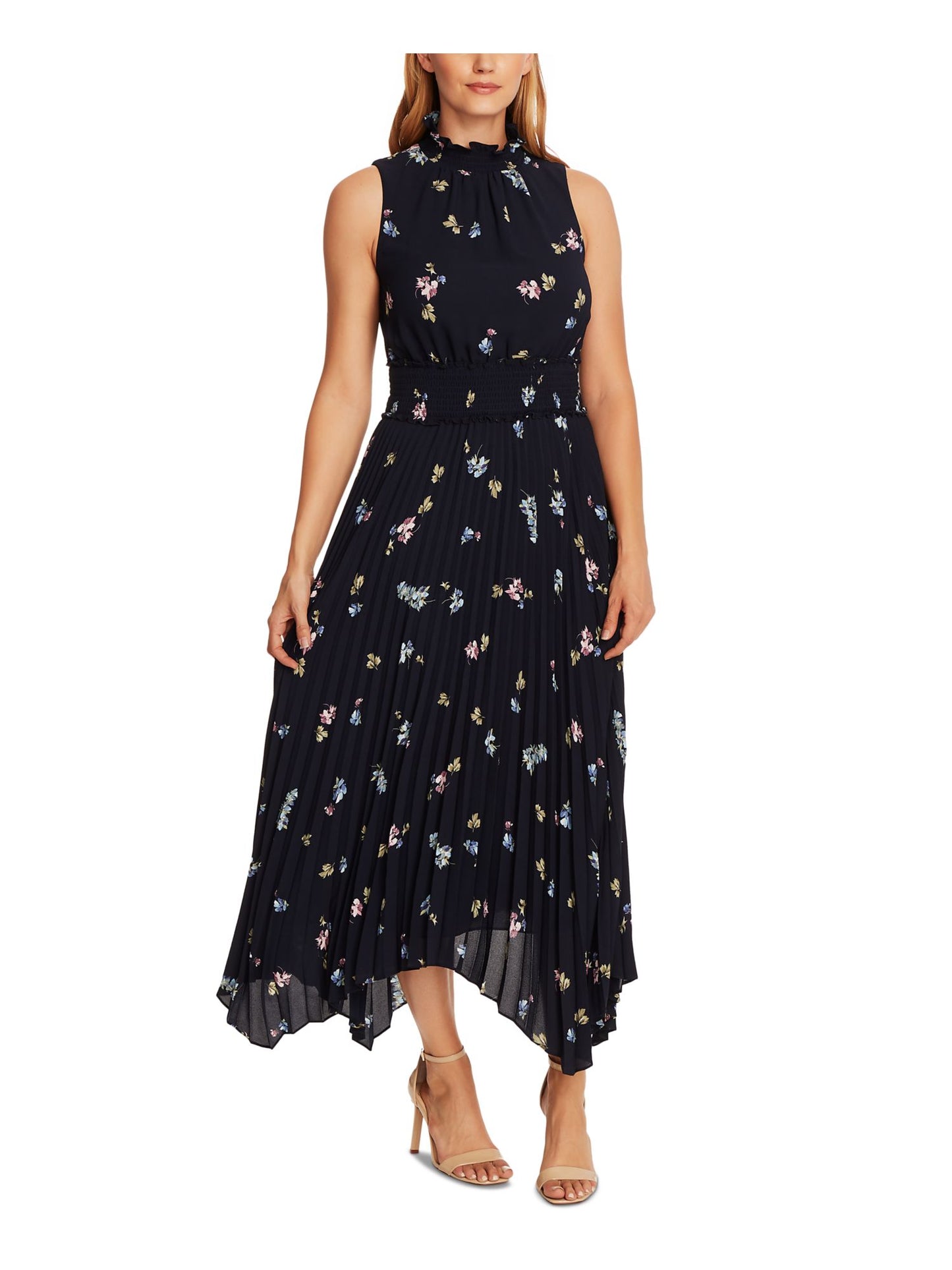 Vestido plissado com decote falso e botões românticos sem mangas Vince Camuto, tamanho 14, azul