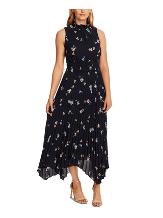 Vestido plissado com decote falso e botões românticos sem mangas Vince Camuto, tamanho 14, azul