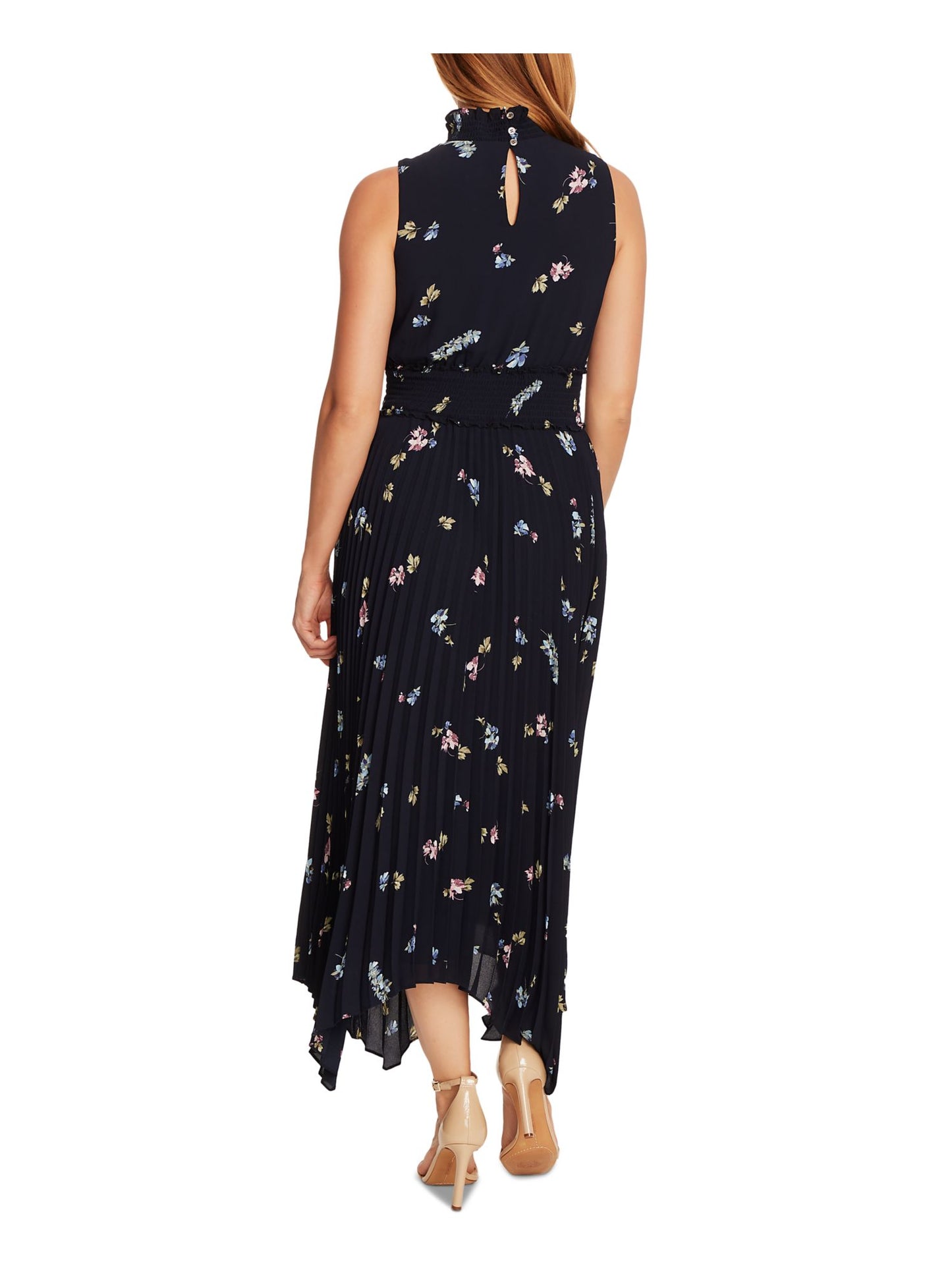 Vestido plissado com decote falso e botões românticos sem mangas Vince Camuto, tamanho 14, azul