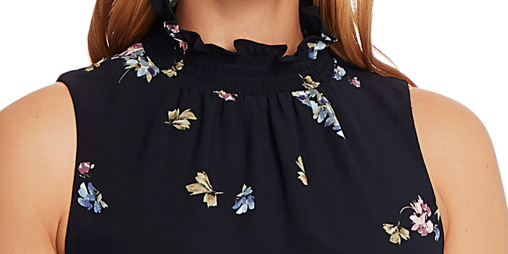 Vestido plissado com decote falso e botões românticos sem mangas Vince Camuto, tamanho 14, azul