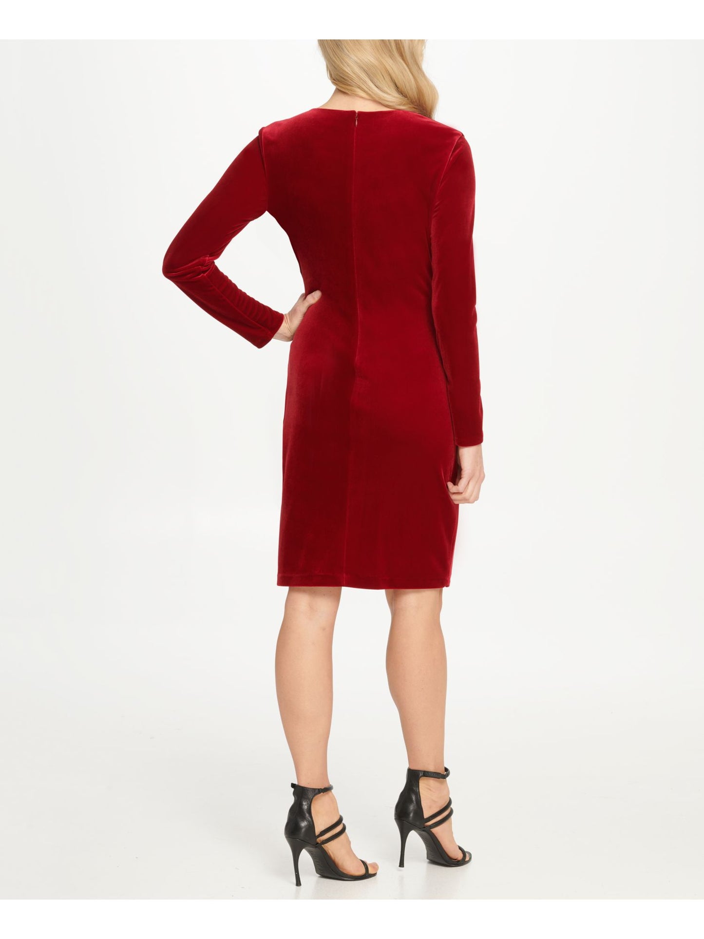 Vestido de coquetel feminino DKNY com babados, manga comprida, decote em V, comprimento até o joelho, vermelho, tamanho 8