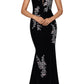 Vestido feminino Xscape de veludo com bordado floral, preto, tamanho 10