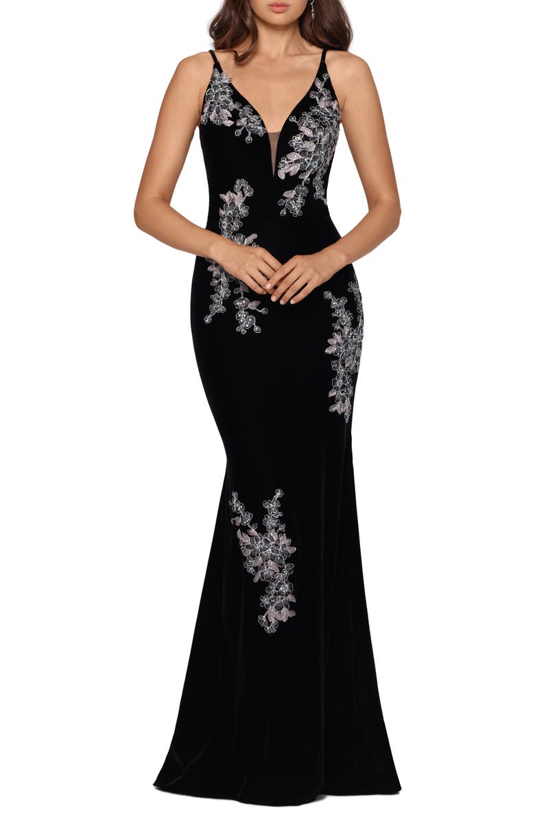 Vestido feminino Xscape de veludo com bordado floral, preto, tamanho 10