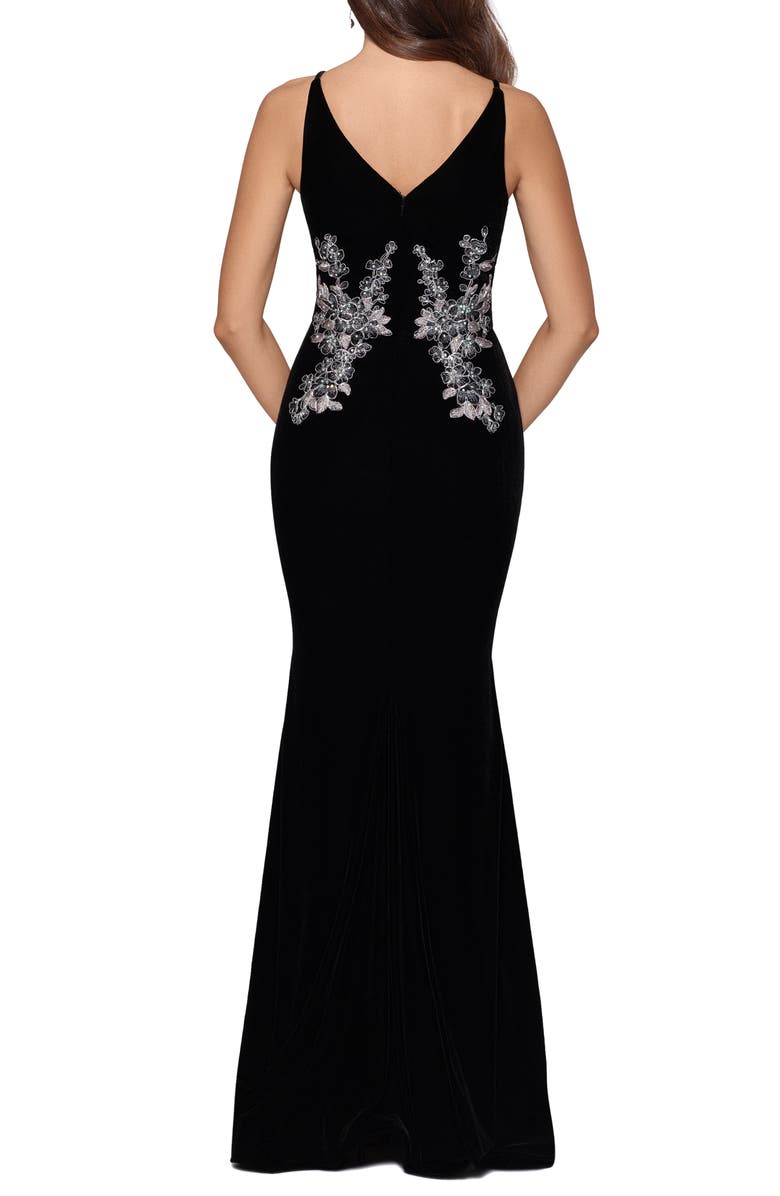 Vestido feminino Xscape de veludo com bordado floral, preto, tamanho 10