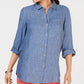 Camisa feminina Charter Club com mangas enroladas e botões, azul, tamanho pequeno P