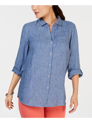 Camisa feminina Charter Club com mangas enroladas e botões, azul, tamanho pequeno P