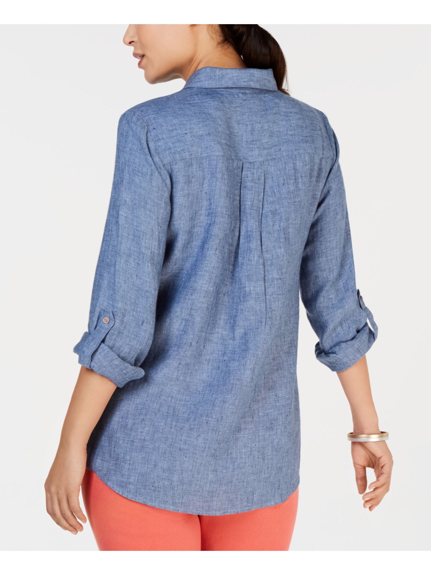 Camisa feminina Charter Club com mangas enroladas e botões, azul, tamanho pequeno P
