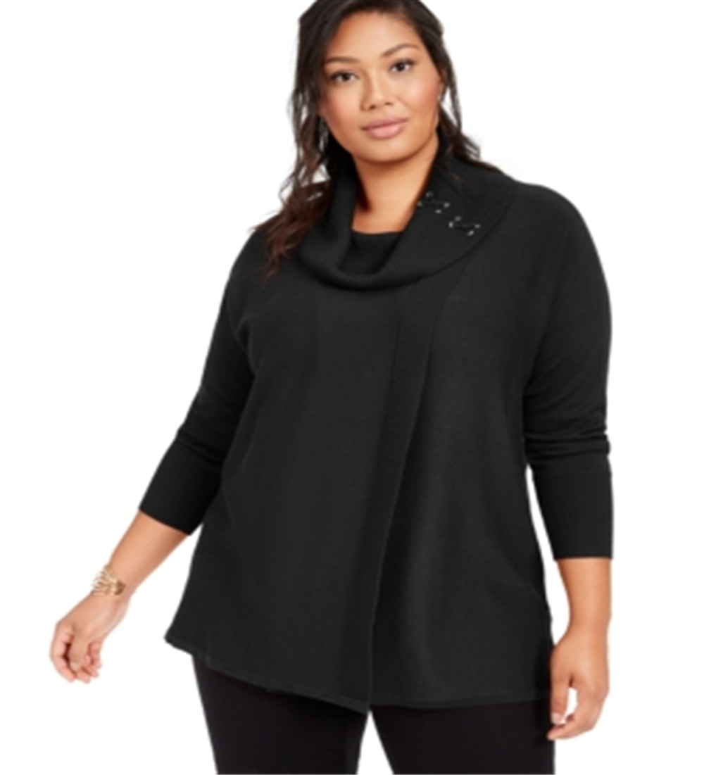 JM Collection Suéter Feminino Plus com Cadarço e Gola Redonda Preto Tamanho 2X