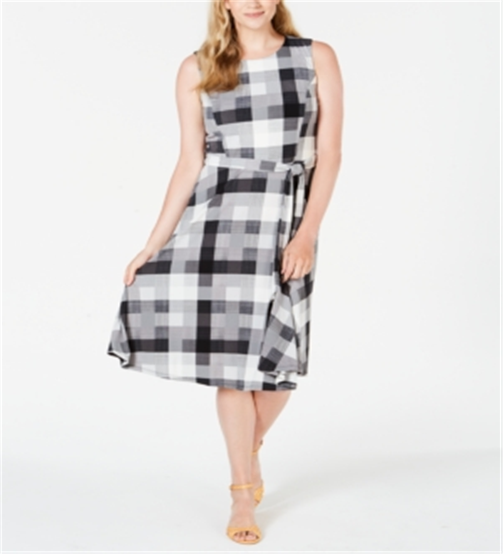 Vestido midi xadrez feminino Charter Club, preto, tamanho grande