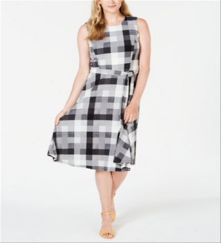 Vestido midi xadrez feminino Charter Club, preto, tamanho grande