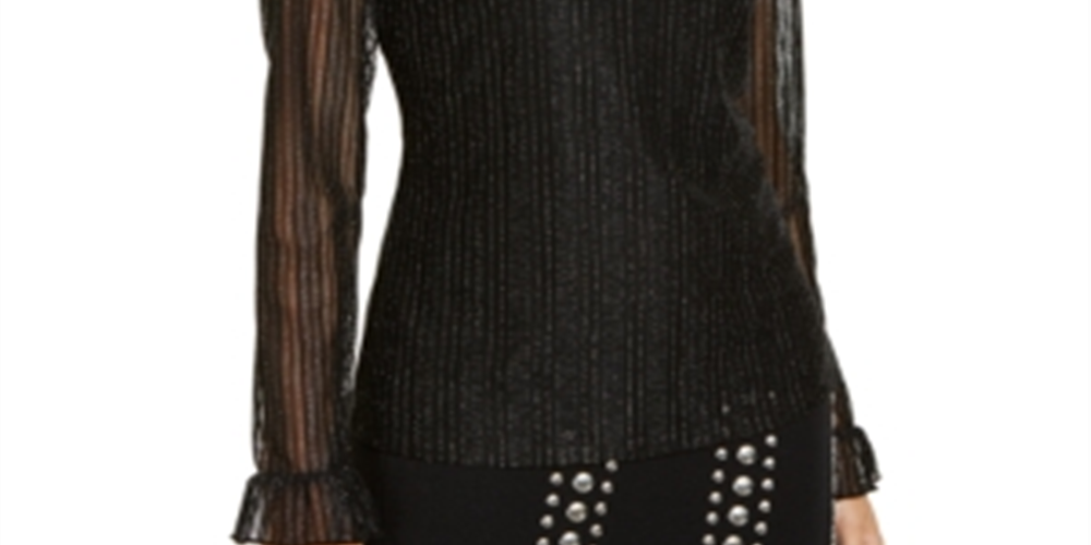 INC International Concepts Top feminino com babados e ilusão metálica, preto, tamanho pequeno G