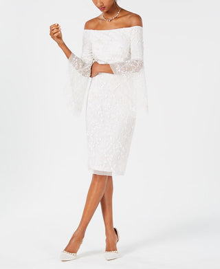 Adrianna Papell Women's 3/4 Quarter Bell Sleeves Off the Shoulder Sequin Floral Dress White Size 6