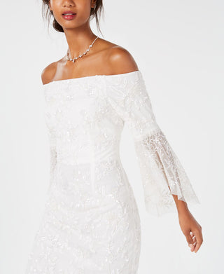 Adrianna Papell Women's 3/4 Quarter Bell Sleeves Off the Shoulder Sequin Floral Dress White Size 6