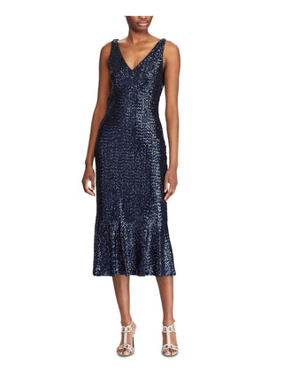 Vestido midi com babados e lantejoulas Bezzie Ralph Lauren feminino, azul, tamanho 12