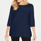 Karen Scott Blusa de malha feminina de algodão com decote canoa e manga 3/4, azul, tamanho médio