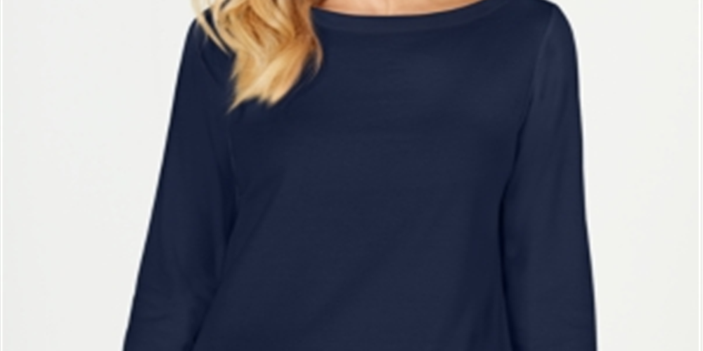 Karen Scott Blusa de malha feminina de algodão com decote canoa e manga 3/4, azul, tamanho médio