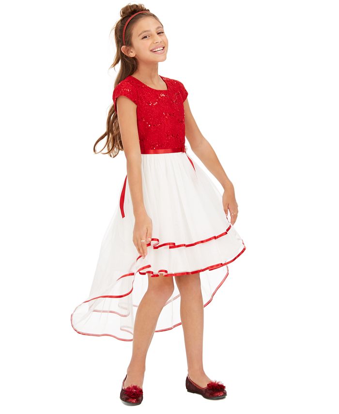 Vestido alto e baixo com renda brilhante para meninas, tamanho 7, vermelho, edições raras