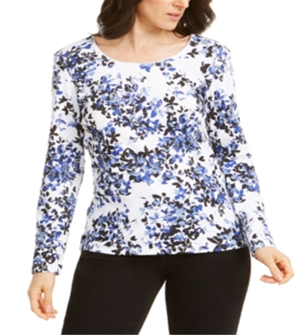 Blusa feminina Karen Scott com estampa floral abstrata, preta, tamanho X-S