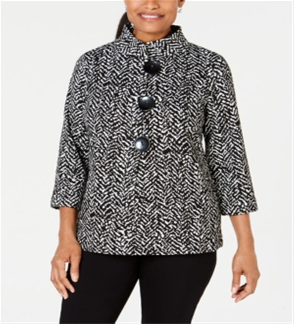 Jaqueta feminina estampada pequena JM Collection com manga 3/4, preta, tamanho pequeno S