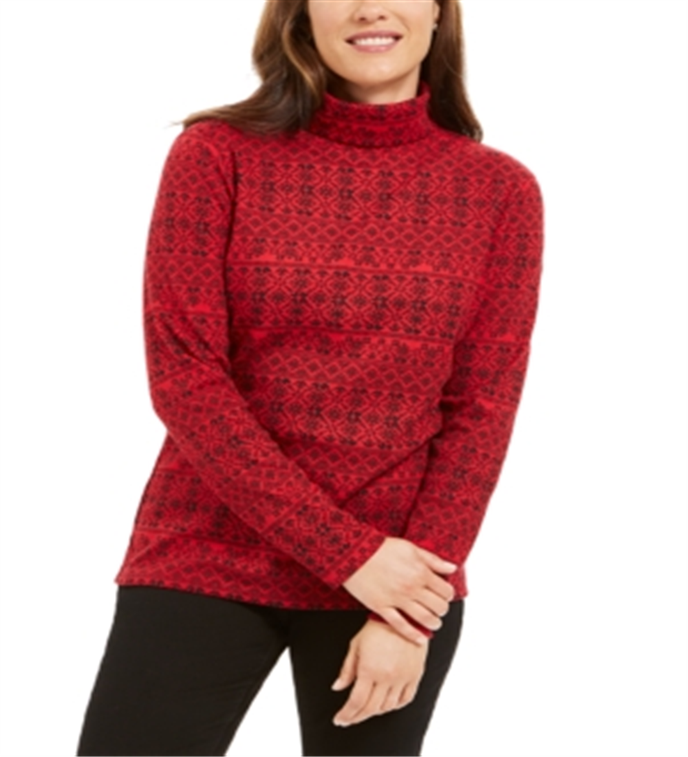 Karen Scott - Blusa feminina de gola alta estampada Fair Isle, vermelha, tamanho X-S