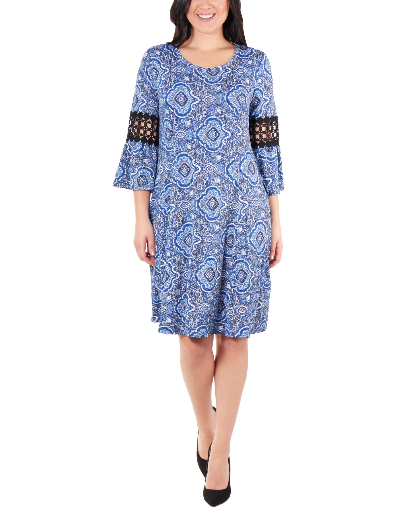 Vestido feminino NY Collection com manga sino e acabamento em crochê, azul, tamanho pequeno médio