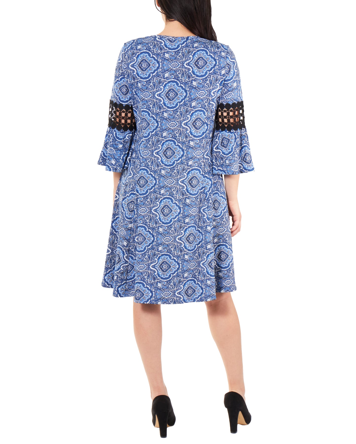 Vestido feminino NY Collection com manga sino e acabamento em crochê, azul, tamanho pequeno médio