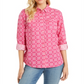Camisa feminina estampada com aba e manga curta, tamanho X-S