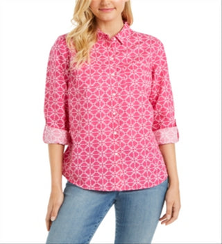 Camisa feminina estampada com aba e manga curta, tamanho X-S