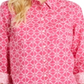 Camisa feminina estampada com aba e manga curta, tamanho X-S