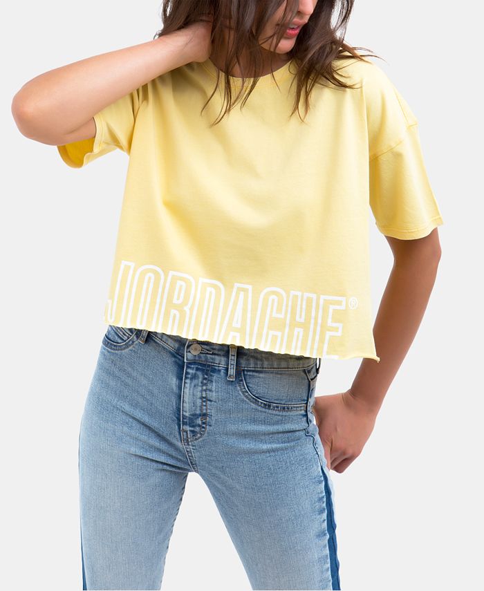 Camiseta curta com logo Jordache Kimberly Cotton para mulheres, amarela, tamanho M