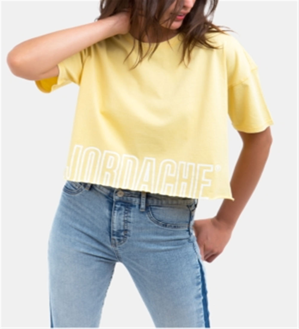 Camiseta curta com logo Jordache Kimberly Cotton para mulheres, amarela, tamanho M