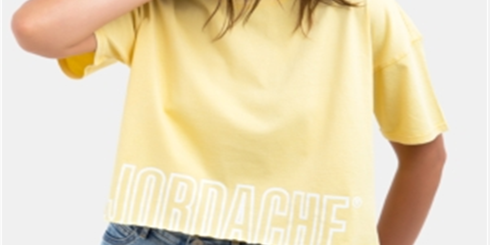 Camiseta curta com logo Jordache Kimberly Cotton para mulheres, amarela, tamanho M